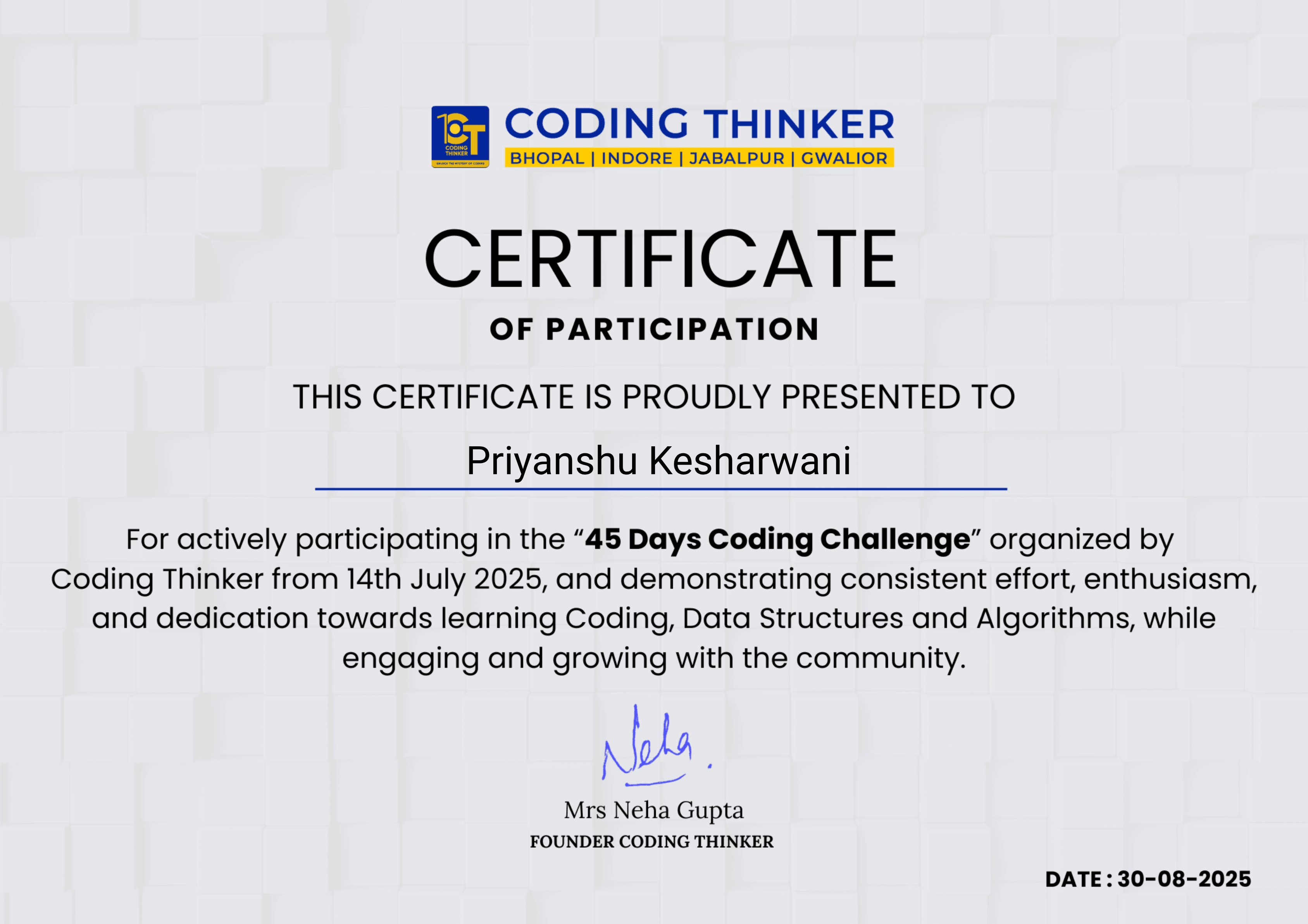 45 Days Coding Challenge - By Coding Thinker