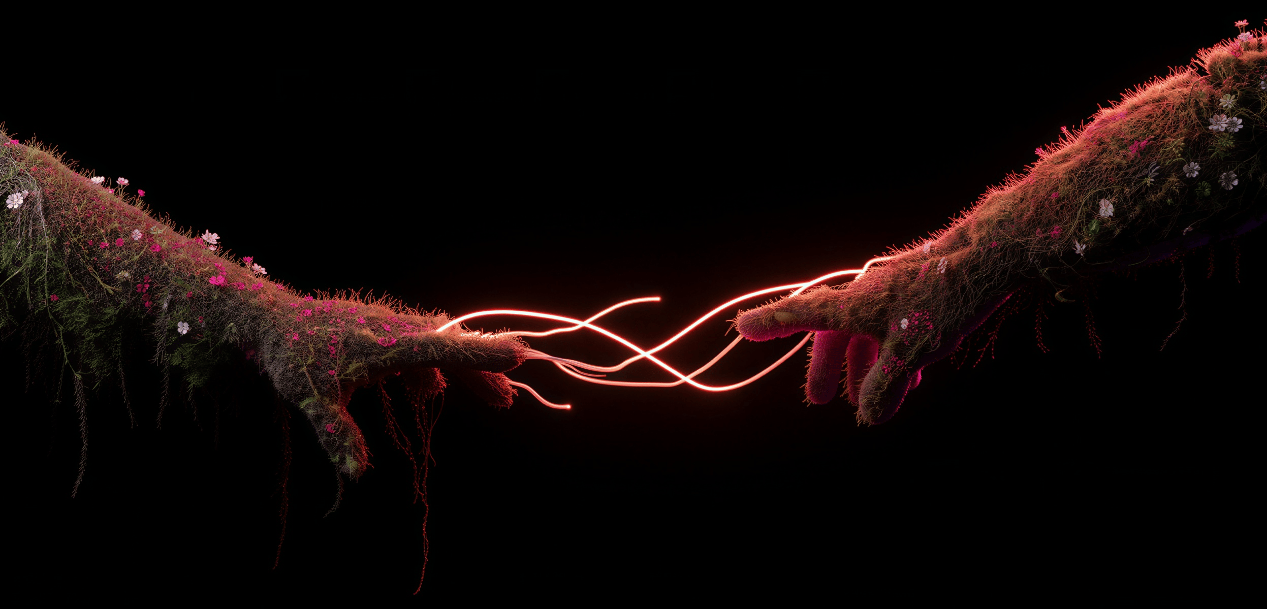 Hands connecting with glowing wires